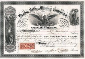 Brown Silver Mining Company of Colorado - Aktie von 1868, ausgestellt in Philadelphia. Gründung der Minengesellschaft im Jahr 1867 in Colorado mit einem Kapital von 500.000 $. Colorado war von 1861-1876 ein selbständiges Territorium. alle Wertpapiere aus der Zeit sind sehr selten.