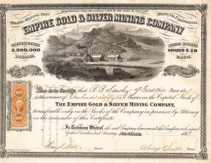 Empire Gold & Silver Mining Company - Aktie von 1869. Gold- und Silberminen im Bodie Mining district, Mono Co., California, mit einem Kapital von 2.000.000 $. Eine der eindruckvollsten Goldminen-Aktien überhaupt.