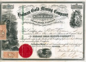 Holman Gold Mining Company, New York - Aktie von 1866. Als das herrliche Papier erstmalig verauktioniert wurde, lag der Zuschlag bei 2500 DM (1998). Historische Wertpapiere für Sammler, Historiker, Heimatforscher, Kunstliebhaber und Kapitalanleger.