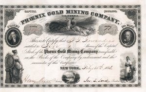 Phoenix Gold Mining Company, New York - Aktie von 1853. Herrliche Aktie einer Goldminengesellschaft aus Califonien mit 6 Vignetten, darunter Abbildung eines büffeljagenden Indianers.