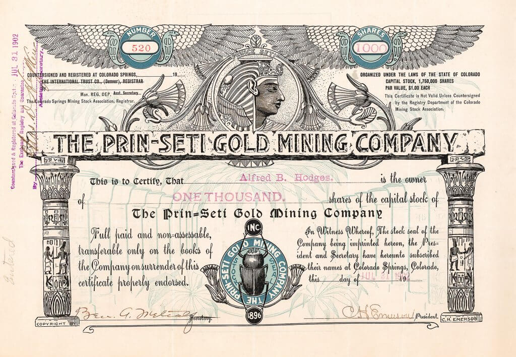 Prin-Seti Gold Mining Company, Colorado Springs, Colorado - Aktie von 1902. Die Gesellschaft wurde gegründet 1896. Sie besaß die Claims Prin-Seti (3 Acres), Ida May, Roc’s Nest und Silver Lake (4 Acres) auf Galena Hill, Marietta (2 Acres) auf Raven Hill, Bessie G. (0,5 Acres) auf Gold Hill, Ohio Nos. (14 Acres) auf Straub Mountain, alle in dem Cripple Creek Goldminen Distrikt, Teller County, Colorado. 