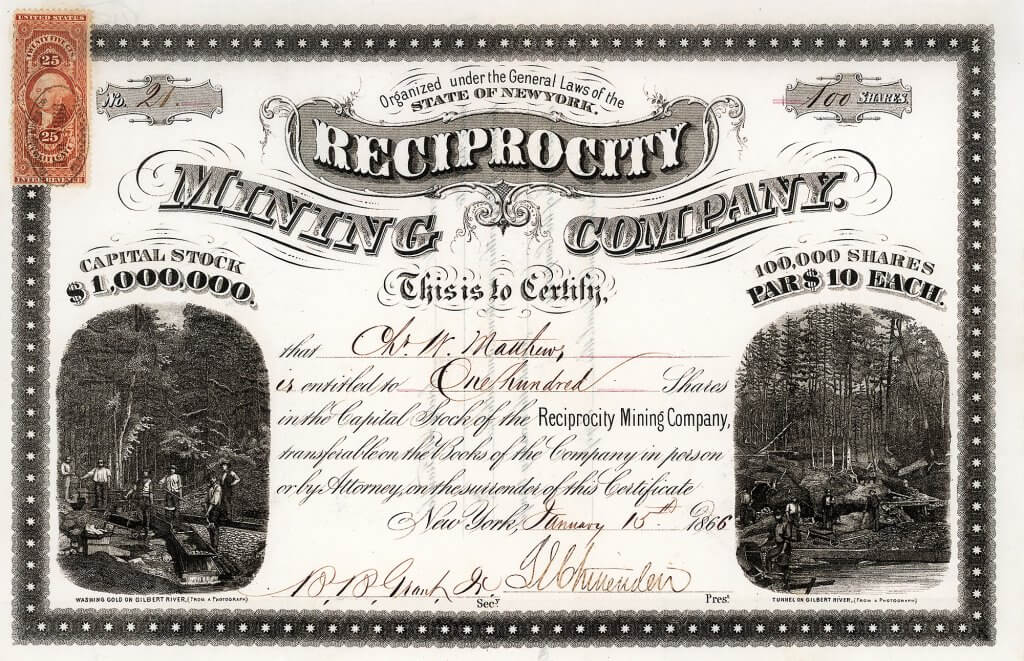 Reciprocity Mining Company, New York - Aktie von 1866. Die Goldminengesellschaft wurde 1864 unter den Gesetzen des Staates New York mit einem Kapital von 1 Million $ gegründet.