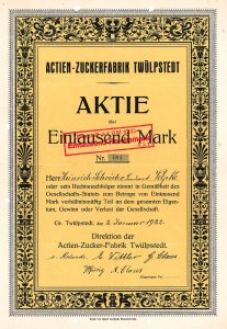 Actien-Zucker-Fabrik Twülpstedt, Gr. Twülpstedt - Historische Aktie von 1922. Äußerst seltenes und hochdekoratives Wertpapier der 1883 gegründeten Gesellschaft.