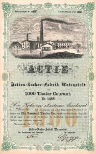 Historische Aktie der Actien-Zucker-Fabrik Watenstedt aus dem Jahr 1871. Äußerst seltenes und hochdekoratives Wertpapier der 1864 gegründeten Gesellschaft, die 1972/75 mit der Zuckerfabrik Königslutter fusionierte, die wiederum in der heutigen Nordzucker AG aufging. 1975 stillgelegt.