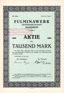 Fulminawerk AG in Mannheim aus dem Jahr 1922. Gegründet 1911 als Fulminawerk Carl Hoffmann in Mannheim-Käfertal. Unter dem Markennamen "Fulmina" (römische Göttin des Blitzes) wurden von 1913 bis 1926 Automobile der Mittelklasse produziert.