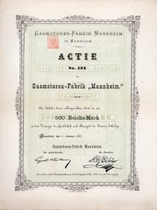 Gasmotoren-Fabrik Mannheim, Aktie über 500 Reichs-Mark aus dem Jahr 1883. Gründung 1882 nach Übernahme der 1871 in Mannheim von Carl Benz errichteten Firma “Carl Benz & August Ritter, Mechanische Werkstätte”.