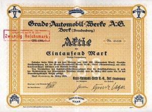 Grade-Automobil-Werke, Bork (Brandenburg), historische Aktie von 1923. Auf der Berliner Automobilausstellung 1921 stellte Hans Grade einen offenen Zweisitzer mit bootsförmiger Karrosserie. 1924 war es der in Deutschland meistverkaufte Kleinwagen.