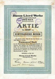 Historische Aktie der Hansa-Lloyd Werke AG, Bremen aus dem Jahr 1920. Ältestes überhaupt bekanntes Wertpapier dieses legendären Automobil-Herstellers (Goliath, Lloyd und Borgward). Rarität.