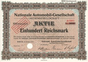 Historische Aktie der Nationalen Automobil-Gesellschaft AG, Berlin aus dem Jahr 1930. Das bekannteste NAG-Auto war der “Puck”. Selbst die Kaiserin ließ sich ausschließlich in NAG-Wagen chauffieren. Während des 1. Weltkrieges auch Bau von Benz-Flugzeugmotoren...