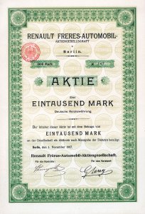 Historische Aktie der Renault Frères-Automobil-AG in Berlin. Die deutsche Renault-Tochter wurde gegründet von dem französischen Ingenieur Louis Renault, der die Renault-Werke gründete (1899 Société Renault Frères, 1909 umgewandelt zu Société anonyme des usines Renault). Nur 7 Stücke sind bekannt.