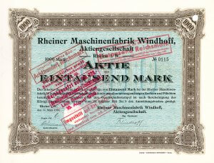 Historisches Wertpapier der Rheiner Maschinenfabrik Windhoff AG in Rheine i.W., eine Gründeraktie aus dem Jahr 1914. Das Automobil-Programm umfasste Modelle mit Vier- und Sechszylindermotoren angetrieben wurden. Besonders der Sechszylinder mit einer 3.9 Liter-Maschine genoss einen hervorragenden Ruf.
