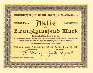 Starnberger Automobil-Werk, Starnberg, Gründeraktie über 20.000 Mark von 1923. Eine Gründung von Gustav Otto (1883-1926), dem Sohn von Nicolaus August Otto. Sein Vater hatte in den 1860er Jahren den nach ihm benannten Viertakt-Motor erfunden.