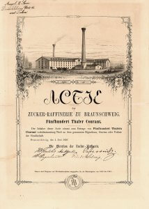 Zucker-Raffinerie zu Braunschweig - Historische Aktie von 1859. Gründung 1859 zur Weiterverarbeitung des aus den Zuckerfabriken des Braunschweiger Landes angelieferten Rohzuckers zu Weißzucker. Die Fabrik wurde auf dem Buchler'schen Gelände an der heutigen Luisenstraße gegenüber der alten Buchler'schen Chininfabrik errichtet.