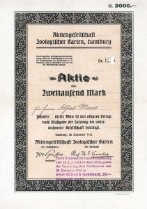 Aktie der AG Zoologischer Garten zu Hamburg über 2.000 Mark, datiert im September 1922, Auflage: 800 (R 11), Schätzpreis (laut SUPPES-Katalog): 3.500,- Euro