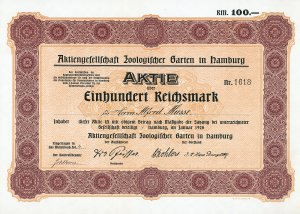 Aktie der AG Zoologischer Garten zu Hamburg über 100 RM, datiert im Januar 1926, Auflage: unbekannt (R 10), Schätzpreis (laut SUPPES-Katalog): 3.500,- Euro