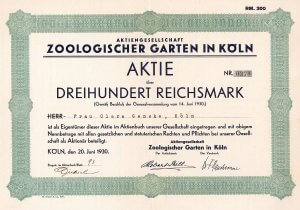 Aktie der AG Zoologischer Garten in Köln über 300 RM, datiert 20.6.1930, Auflage: 1.500 (R 8), Schätzpreis (laut SUPPES-Katalog): 850,- Euro