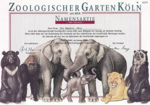Zoo Köln, Namensaktie ohne Nennwert von 2002. Sehr dekoratives Papier mit großer Abbildung von Elefanten, Löwen, Gorilla und Bären. Heute mit über 20 ha einer der modernsten deutschen zoologischen Gärten.