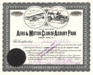 Aero & Motor Club of Asbury Park, Historische Aktie von 1910. 1910 war ein entscheidendes Jahr für die zivile Luftfahrt: Orvill Wright hatte seinen berühmten Flug nach Deutschland gemacht, und Curtiss hatte auf den ersten Flugschauen der Welt in Frankreich und Italien Siege errungen.