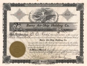 Berry Air-Ship Holding Company, historische Aktie von 1923. Clarence C. Berry konstruierte ein wirklich kurioses Luftgefährt. Auf den ersten Blick mochte man es eher für ein Eisenbahnsignal halten, und es ist ungewiß, ob sich der Mechanismus über ein paar Hüpfer hinaus jemals auch nur einen Inch vom Boden abhob. Trotzdem schaffte es Berry zwei Jahrzehnte lang gutgläubigen Anlegern das Geld für seine Luftschlösser aus der Tasche zu ziehen!