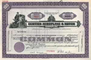 Curtiss Aeroplane and Motor Company, historische Aktie von 1930. Die 1910 von dem berühmten amerikanischen Rennfahrer, Luftfahrtpionier, Pilot und Unternehmer Glenn H. Curtiss gegründete Firma belieferte neben der US-Marine auch die Luftwaffen von Russland, Japan, Deutschland und England.