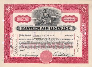 Historische Aktie der Eastern Air Lines von 1939 mit gedruckter Signatur von Edward Vernon „Eddie“ Rickenbacker. Er war Automobilrennfahrer, Unternehmer (Inhaber der 1922-1927 existierenden Rickenbacker Motor Company) und der erfolgreichste Jagdflieger im Ersten Weltkrieg (26 Siege bei Luftkämpfen).