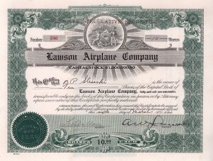 Lawson Airplane Company, historische Aktie von 1920, als Präsident original signiert von dem Baseballspieler, Luftfahrtpionier, Autor, Erfinder einer allumfassenden Wissenschaft und Religionsstifter Alfred W. Lawson, Gründer der „Humanity Benefactor Foundation“