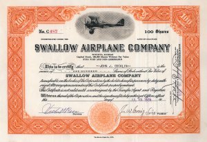 Swallow Airplane Company, historische Aktie von 1929. Emil Matthew Laird baute die erste kommerziell einsetzbare Maschine der zivilen Luftfahrtgeschichte der USA überhaupt, eine umgebaute Curtiss JN-4, genannt “Swallow”.