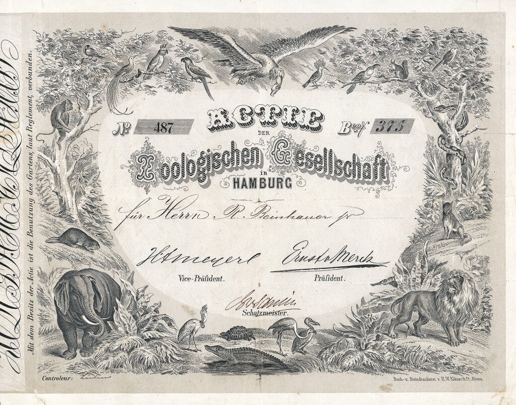 Gründeraktie der Zoologischen Gesellschaft in Hamburg über 375 Banco Shilling von 1860. Der Zoo Hamburg war einer der ersten Zoos in Deutschland in der Rechtsform der AG. Erster Präsident wurde Baron Ernst von Merck. Nachdem die Besucher sich immer mehr der Hagenbeck'schen Konkurrenz zuwandten, wurde die Gesellschaft 1931 aufgelöst und der Zoo geschlossen.