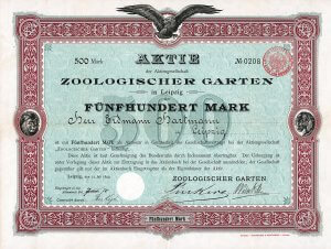 AG Zoologischer Garten in Leipzig, Gründeraktie des Zoo Leipzig aus dem Jahr 1899. Nach dem 2. Weltkrieg konnte der Zoo am 6.5.1945 wiedereröffnet werden und entwickelte sich seither zu einem der wichtigsten zoologischen Gärten in der ehemaligen DDR.