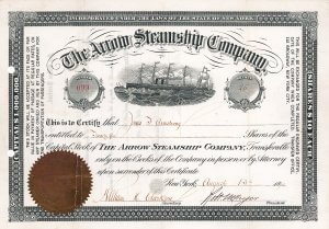 Arrow Steamship Company, historische Aktie von 1890. Die Reederei bestand bis in die späten 1950er Jahre. Ihr erster Dampfer war die "Pocahontas", das schnellste, das luxuriöseste und das sicherste Passagierschiff Amerikas, unsinkbar und unbrennbar. Nur 2 dieser hochdekorativen Aktien sind bekannt.