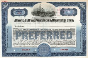 Atlantic, Gulf and West Indies Steamship Lines, historische Aktie von 1908. Der Reederei gehörten mehrere Schifffahrtsfirmen und eine Flotte von 5 Schiffen. Diese fuhren zwischen Philadelphia und Texas City unter der Southern Steamship Company