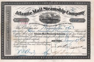Atlantic Mail Steamship Company, historische Aktie von 1873. Nach dem Sezessionkrieg im Jahr 1865 wurde die Atlantic Mail Steamship Company für 5,4 Millionen $ von der "Pacific Mail Company" übernommen. Diese Fusion brachte die größte Reederei des amerikanischen Kontinents hervor.