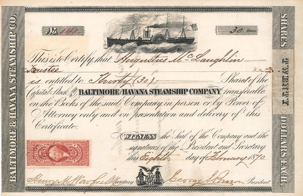 Baltimore & Havana Steamship Company, historische Aktie von 1870. In den 70er Jahren beteiligte sich die Reederei an dem lukrativen Einwanderungsgeschäft, indem sie die europäischen Einwanderer von Kuba nach New Orleans, Louisiana transportierte. Nur ein einziges weiteres Stück ist seit vielen Jahren bekannt.