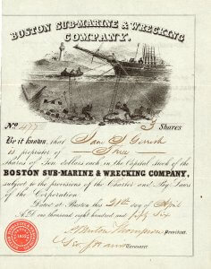 Boston Sub-Marine and Wrecking Company, historische Aktie von 1856. 1857 Namensänderung in Boston Relief and Submarine Company, in gleichen Jahr Bergung im Hafen von Sewastopol von Schiffen der russischen Flotte, die im Krimkrieg (1854-56) dort versenkt wurden.