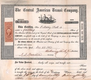 Central American Transit Company, historische Aktie von 1867. Kleine Holzstichvignette mit Darstellung des Dampfseglers “Moses Taylor”. Das Schiff wurde 1860 von Cornelius Vanderbilt gekauft und 1864 auf die "Central American Transit Co." übertragen.