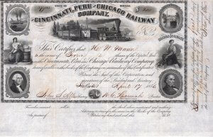 Cincinnati, Peru and Chicago Railway Company - Historische Aktie von 1856. Sehr dekoratives Papier mit 8 Kupferstich-Vignetten, gedruckt von Danforth, Wright & Co. Die Bahn wurde gegründet von dem Bankier James H. Walker aus La Porte in LaPorte County, Indiana.