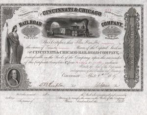 Cincinnati and Chicago Railroad Company, historische Aktie von 1857. Die Börsenpanik in New York im August 1857, die zur ersten Weltwirtschaftskrise führte, endete für die Cincinnati and Chicago Railroad Company nach Zahlungsunfähigkeit in einer Zwangsversteigerung. Die Bahn wurde reorganisiert und am 10. Juli 1860 als Cincinnati und Chicago Air-Line Railroad Company neu gegründet.