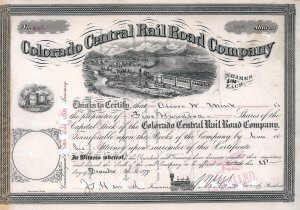 Colorado Central Railroad Company, historische Aktie von 1879. Die Bahn wurde konzessioniert 1865. Wichtig war vor allem die Strecke Denver Junction - La Salle als Teil der Hauptlinie der berühmten Union Pacific Railway, unter deren Einfluss die Colorado Central 1880 schließlich kam.