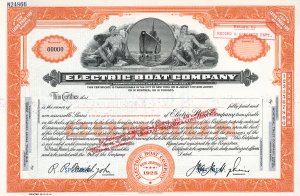 Electric Boat Company, historische Aktie von 1950, Musterstück. Hochwertiger Stahlstich der ABNC mit zwei männlichen Allegorien, mittig in runder Vignette ein aufgetauchtes U-Boot. Heute als General Dynamics ist die Firma der Hauptproduzent von U-Booten für die US-Marine seit über 100 Jahren.