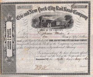 Erie & New York City Railroad Co. - Historische Aktie von 1862. Gegründet 1852 mit einem Kapital von 750.000 $. 1860 wurde die Bahn durch die Atlantic and Great Western übernommen, die ihre Strecke weiter ausbaute. Sie durchfuhr die Staaten New York, Pennsylvania und Ohio.