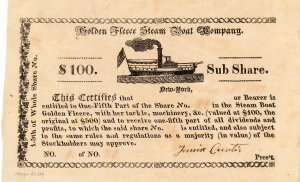 Golden Fleece Steam Boat Company, historische Aktie von 1817. 1807 hatte Robert Fulton mit der „North River Steamboat“ (bekannt als Clermont) das erste kommerziell betriebene Dampfschiff der Vereinigten Staaten in Dienst gestellt. 1812 patentierte Junia Curtis, der mit Robert Fulton befreundet war, eine Rotationsdampfmaschine, die als Schiffsantrieb geeignet war. 1817 gründete Curtis die Golden Fleece Steam Boat Company um einen Raddampfer zu bauen