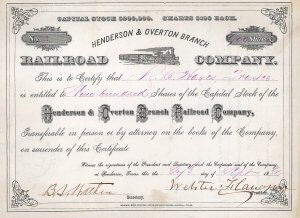 Henderson and Overton Branch Railroad Company - Historische Aktie von 1880. Aktie Nr. 1, original signiert von Webster Flanagan (1832-1934), einem verdienten Soldaten im Bürgerkrieg, Kaufmann, Anführer der Republikaner in Texas, Pferde- und Rinderzüchter.
