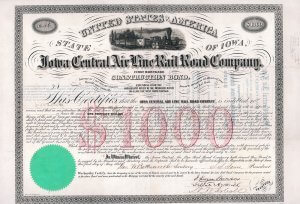 Iowa Central Air Line Rail Road Company, historisches Wertpapier von 1858 mit Originalsignaturen von J. Edgar Thomson, Präsident von Pennsylvania RR, und von George Washington Cass, Präsident der Northern Pacific RR.