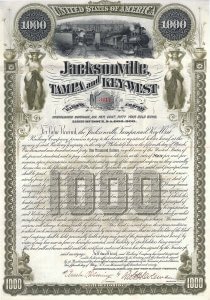 Jacksonville, Tampa and Key-West Railway Company, historisches Wertpapier von 1890, ein Gold Bond über 1000 $. Hochwertiger Stahlstich aus der Künstlerwerkstatt der American Banknote Company mit herrlicher Eisenbahn-Vignette. Die Anleihe wurde vorderseitig original signiert als Präsident von dem Eisenbahnunternehmer und Eisenkönig Robert Habersham Coleman
