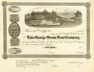 Lake George Steam Boat Company, historische Aktie von 1857. Gegründet bereits 1817 zum Betrieb der kommerziellen Schifffahrt auf dem Lake George, besteht diese AG heute noch, also schon zwei Jahrhunderte lang!
