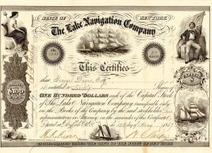 Lake Navigation Company, historische Aktie von 1857. Gegründet wurde die Schifffahrtsgesellschaft 1856 von dem Kanadier Henry C. Walker. Sie besaß eine beachtliche Flottillee von Briggs, Zwei- und Dreimast-Schoner, Dampfsegler und Dampfschlepper mit dem Heimathafen in Buffalo, N.Y. Bereits im April 1858 wurden alle diese Schiffe in einer öffentlichen Auktion von dem Versteigerer Plimpton in dem Hafen von Buffalo angeboten. Als Auftraggeber fungierte der Konkursverwalter Elariso Spaulding.