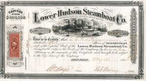 Lower Hudson Steamboat Company - Historische Aktie von 1866. Die Reederei wurde gegründet 1865 mit einem Kapital von 250.000 $. Einer ihrer Dampfer, die "Proud Mary", wurde von John Fogerty, Ike & Tina Turner und Bruce Springsteen besungen.