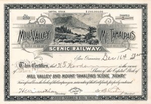 Mill Valley & Mt. Tamalpais Scenic Railway - Historische Aktie von 1905. Diese imposante, 1896 gegründete 8,25 Meilen lange Bahn fuhr von Mill Valley (nahe dem Golden Gate in San Francisco) am Fuße des Berges nur wenige Meter über dem Mehresspiegel gelegen auf die Ostspitze des Mount Tamalpais, 2.537 Fuß über dem Meer.