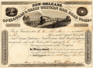 New Orleans, Opelousas and Great Western Railroad Company - Historische Aktie von 1856. Konzessioniert 1852 für den Bau einer 80 Meilen langen Eisenbahn von Algiers (heute Stadtteil von New Orleans) bis zur Bucht von Berwick. Charles Morgan, der berühmte Eisenbahn- und Transport-Tycoon, kaufte die Bahn 1869.