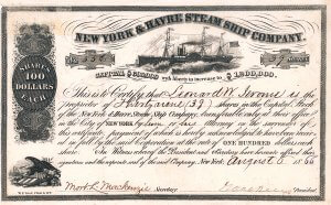 New York and Havre Steam Ship Company, historische Aktie von 1866. Die Reederei wurde 1850 gegründet. Sie verpflichtete sich der US-Post gegenüber regelmäßig zweiwöchentlich auf der Transatlantikroute Post zu befördern, wofür sie von der US-Regierung mit 150.000 Dollars jährlich subventioniert wurde.